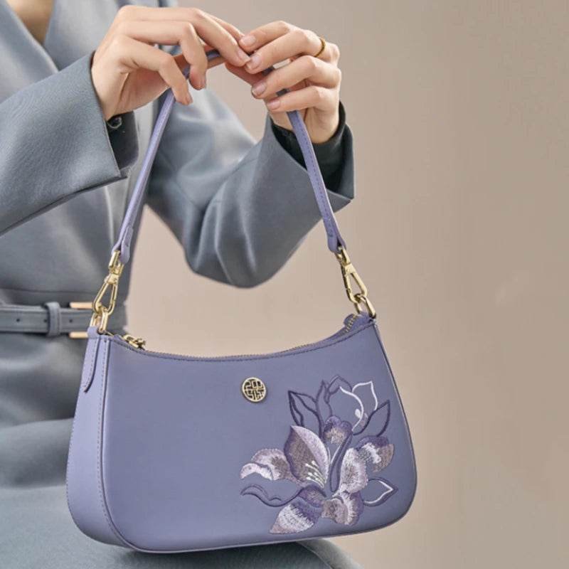 Embroidery Leather Red Shoulder Bag Peony Women's Hobo Handbag - Image 8