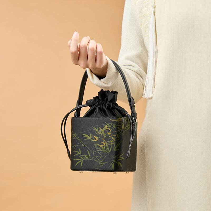 Xiangyunsha Silk Black Bamboo Print Mini Cube Bucket Bag - Image 3