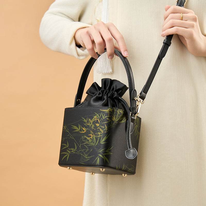 Xiangyunsha Silk Black Bamboo Print Mini Cube Bucket Bag - Image 2