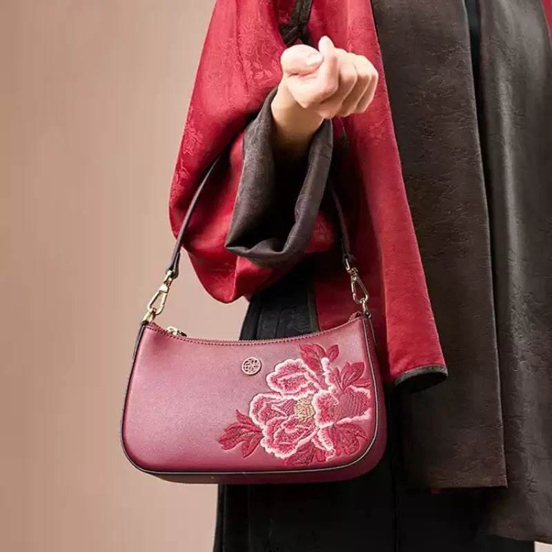 Embroidery Leather Red Shoulder Bag Peony Women's Hobo Handbag - Image 3