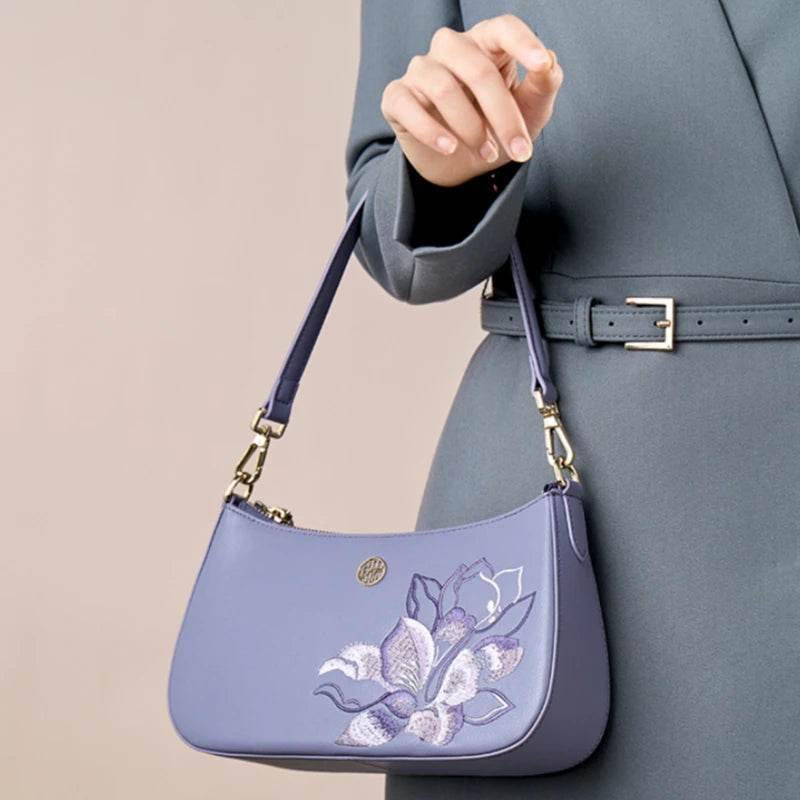 Embroidery Leather Red Shoulder Bag Peony Women's Hobo Handbag - Image 6