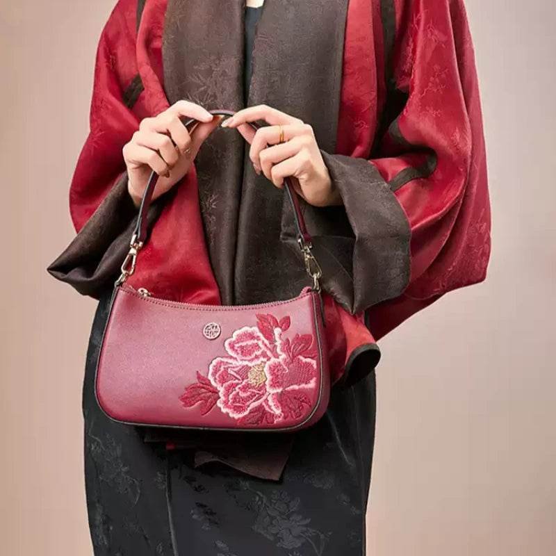 Embroidery Leather Red Shoulder Bag Peony Women's Hobo Handbag - Image 2
