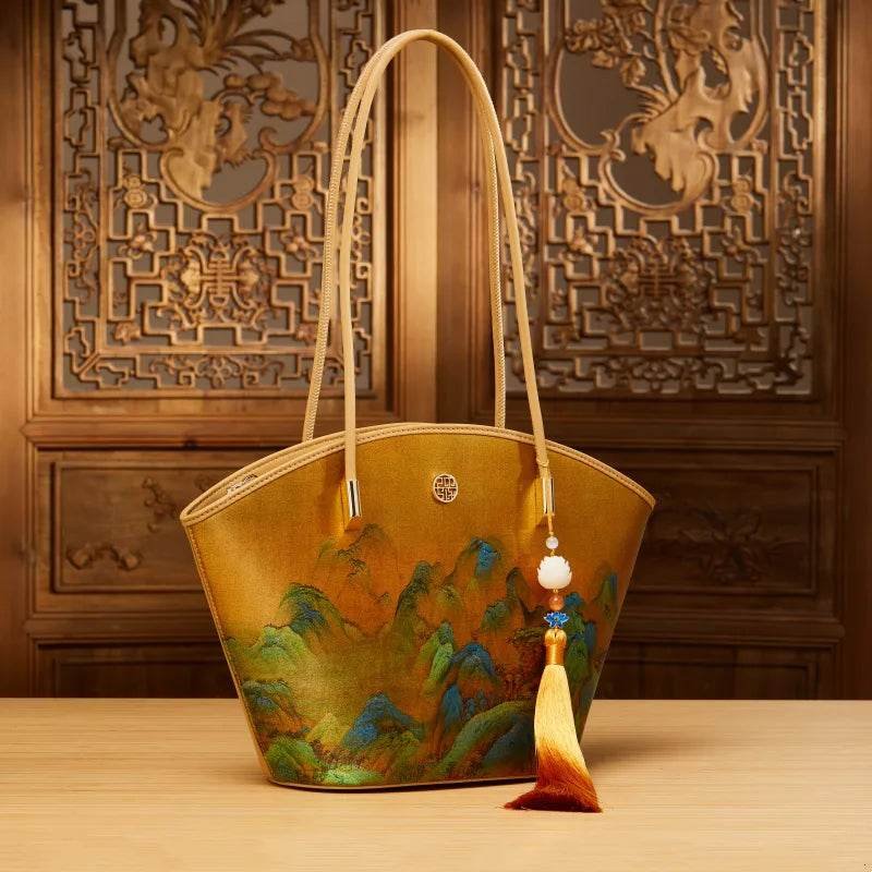 Chinese Painting Mulberry Silk Tote Bag Green Women Handbag - Image 7