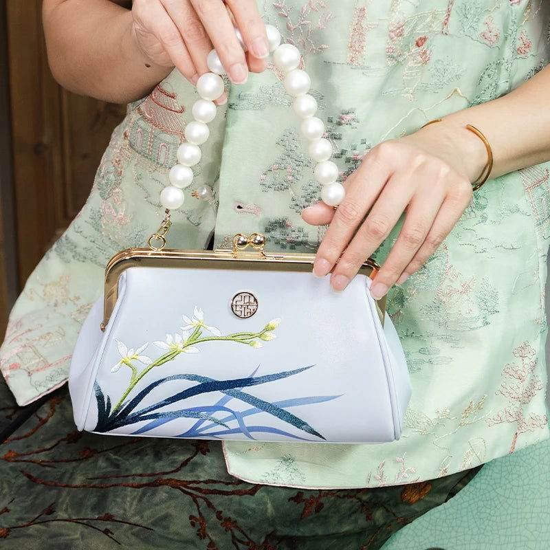 Embroidery Leather Blue Chain Kiss Lock Clutch Handbag Orchid - Image 5