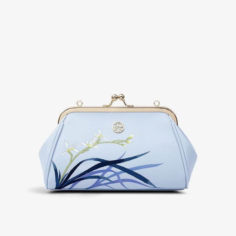 Embroidery Leather Blue Chain Kiss Lock Clutch Handbag Orchid - Image 10