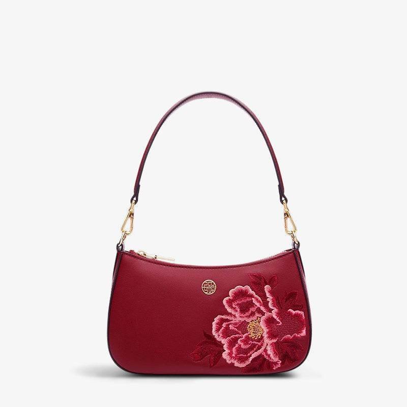 Embroidery Leather Red Shoulder Bag Peony Women's Hobo Handbag - Image 13
