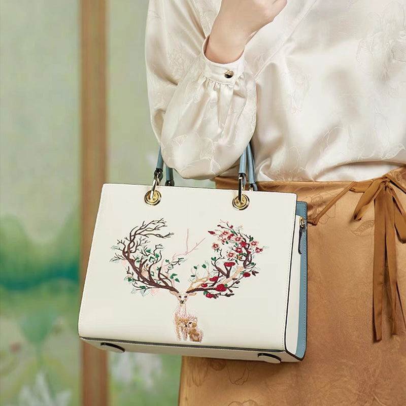 Embroidery Leather Tote Crossbody Bag Tricolor Deer - Image 3