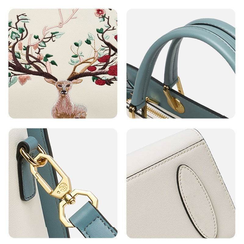Embroidery Leather Tote Crossbody Bag Tricolor Deer - Image 5