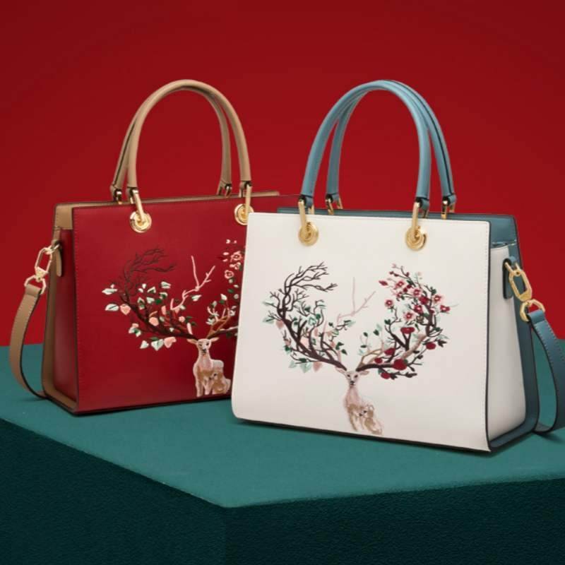 Embroidery Leather Tote Crossbody Bag Tricolor Deer - Image 10