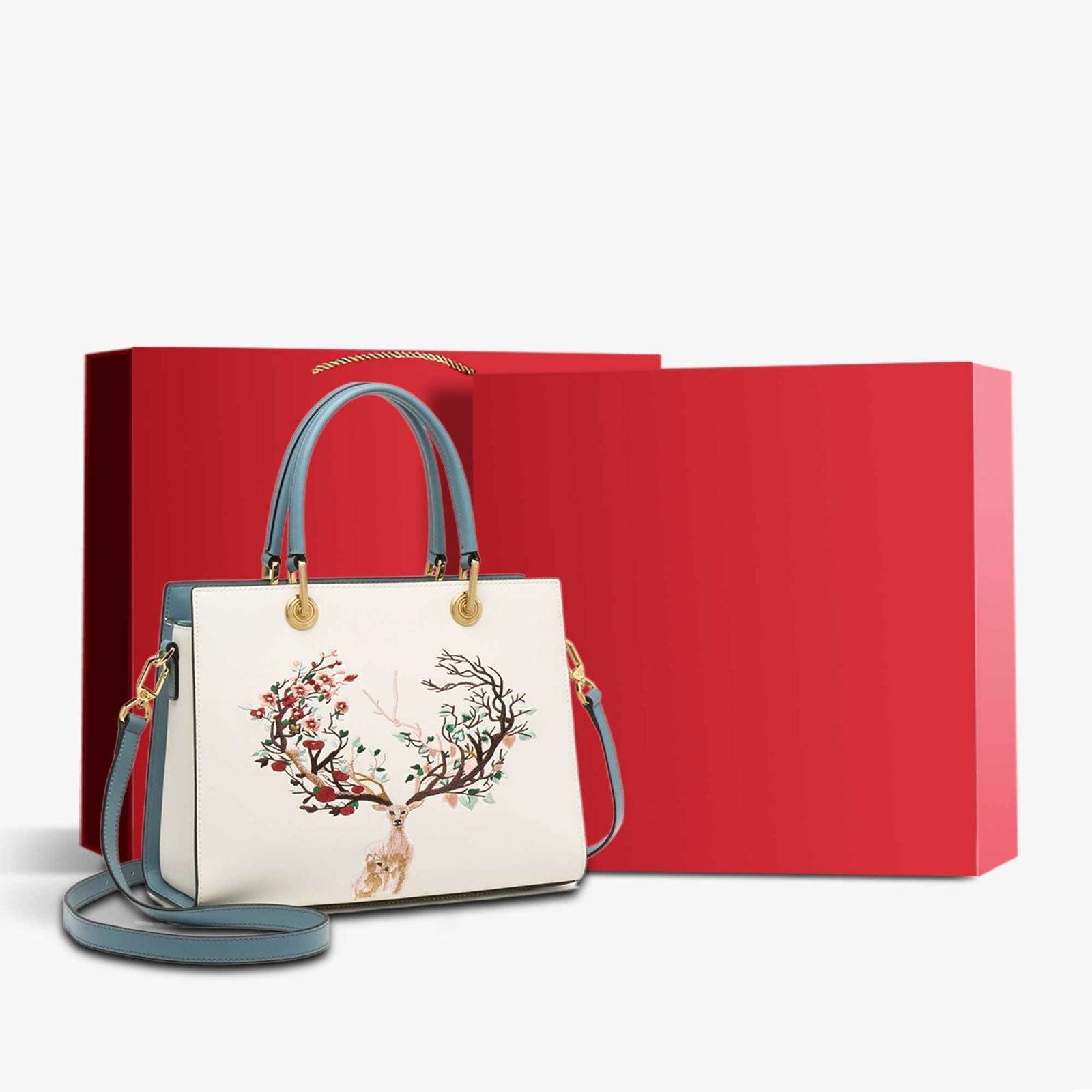 Embroidery Leather Tote Crossbody Bag Tricolor Deer - Image 11