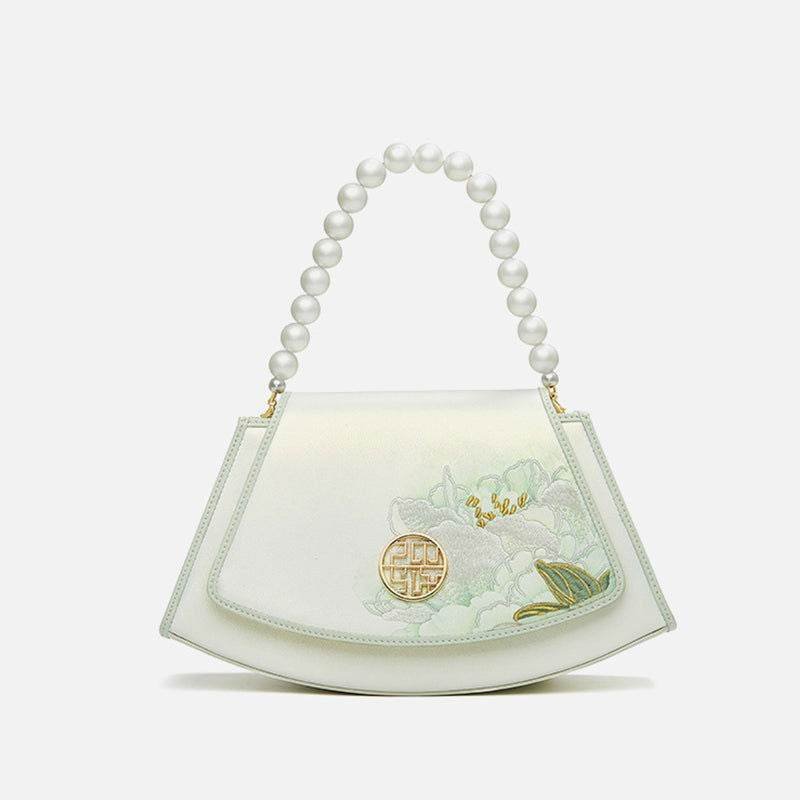 Embroidery Leather Retro White Hibiscus Handbag with Pendant - Image 7