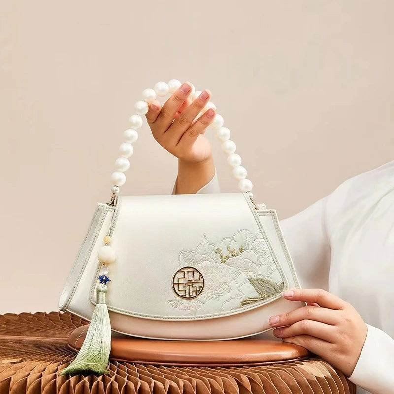 Embroidery Leather Retro White Hibiscus Handbag with Pendant - Image 2