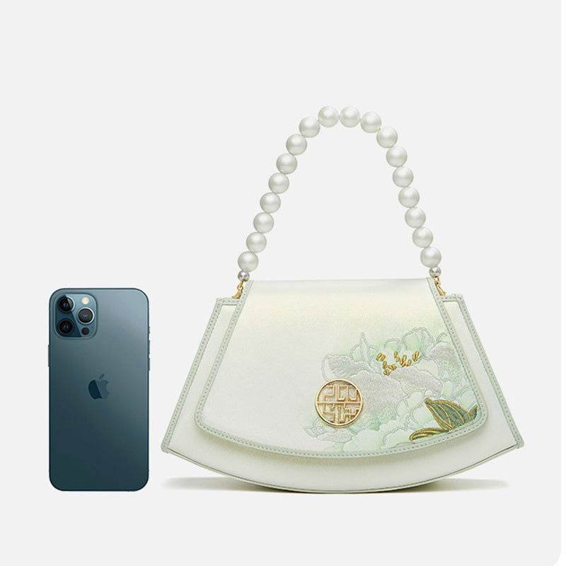 Embroidery Leather Retro White Hibiscus Handbag with Pendant - Image 11