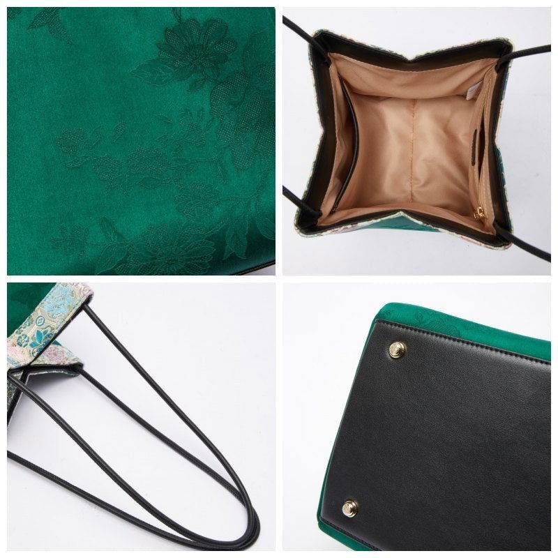Xiangyunsha Silk Jacquard Vintage Green Bucket Bag - Image 6