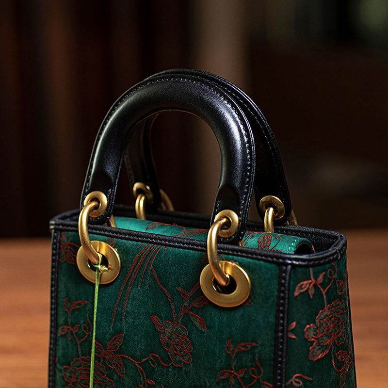 Xiangyunsha Silk Green Retro Cowhide Handbag with Pendant - Image 8
