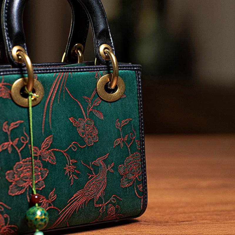 Xiangyunsha Silk Green Retro Cowhide Handbag with Pendant - Image 9