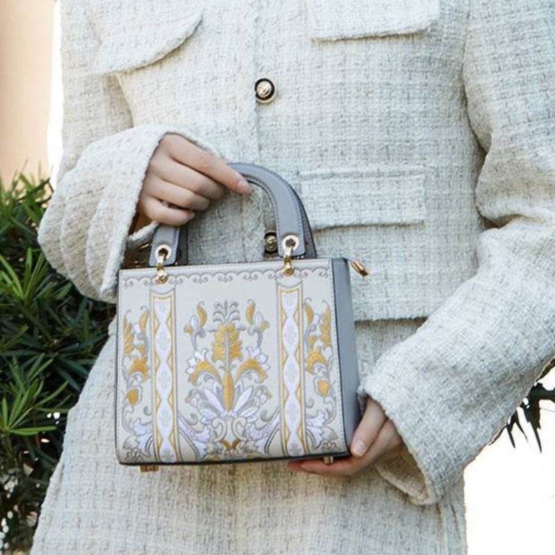 Handcrafted Embroidery Leather Handbag Blue and White Porcelain - Image 5