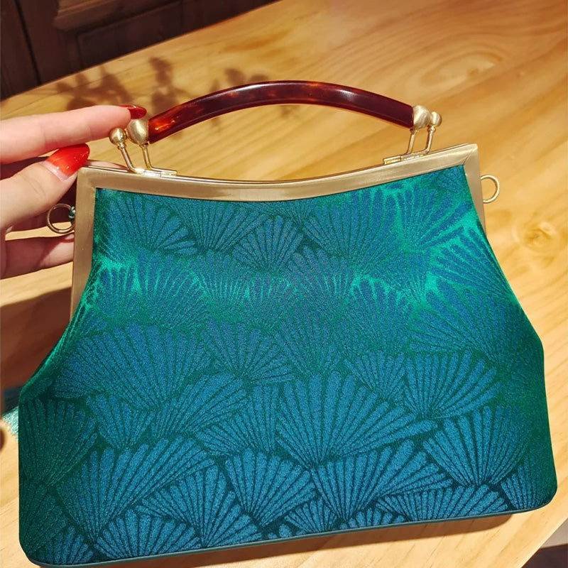 Mulberry Silk Green Pine Leaf Vintage Kiss Lock Clasp Bag - Image 5