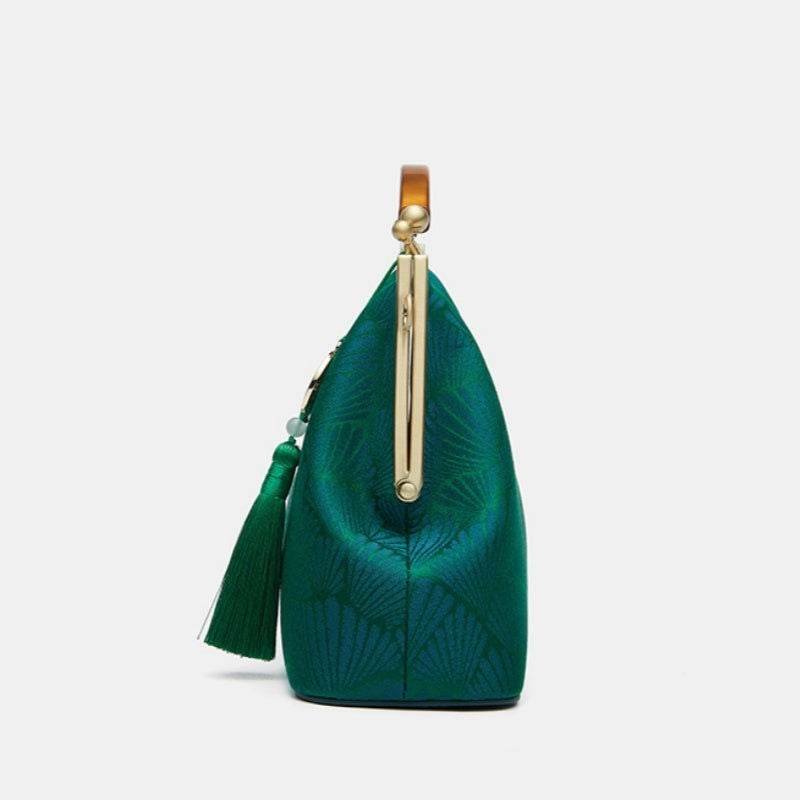 Mulberry Silk Green Pine Leaf Vintage Kiss Lock Clasp Bag - Image 11