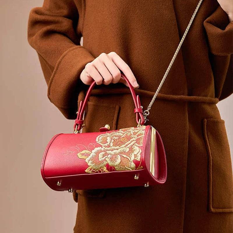 Embroidery Leather Kiss Lock Bag Royal Gold Peony Luxury Handbag - Image 6