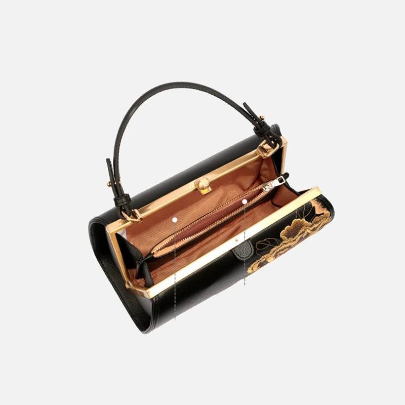 Embroidery Leather Kiss Lock Bag Royal Gold Peony Luxury Handbag - Image 10