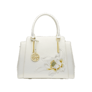 Sinocultural Embroidery Leather Tote Bag White Lotus Crossbody Bag