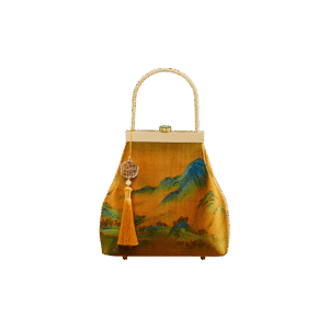 Chinese Painting Mulberry Silk Lux Kiss Lock Clutch Handbag