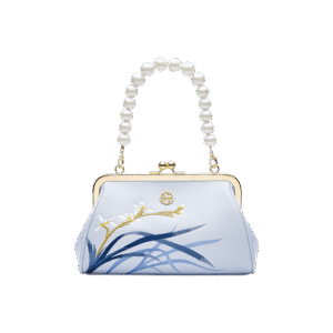 Embroidery Leather Blue Chain Kiss Lock Clutch Handbag Orchid