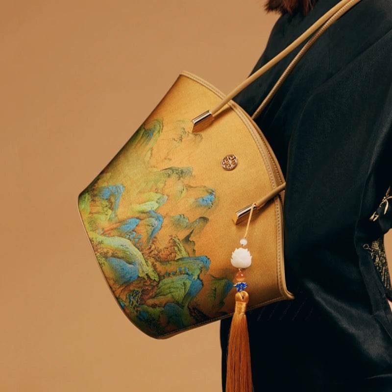 Chinese Painting Mulberry Silk Tote Bag Green Women Handbag - Image 3