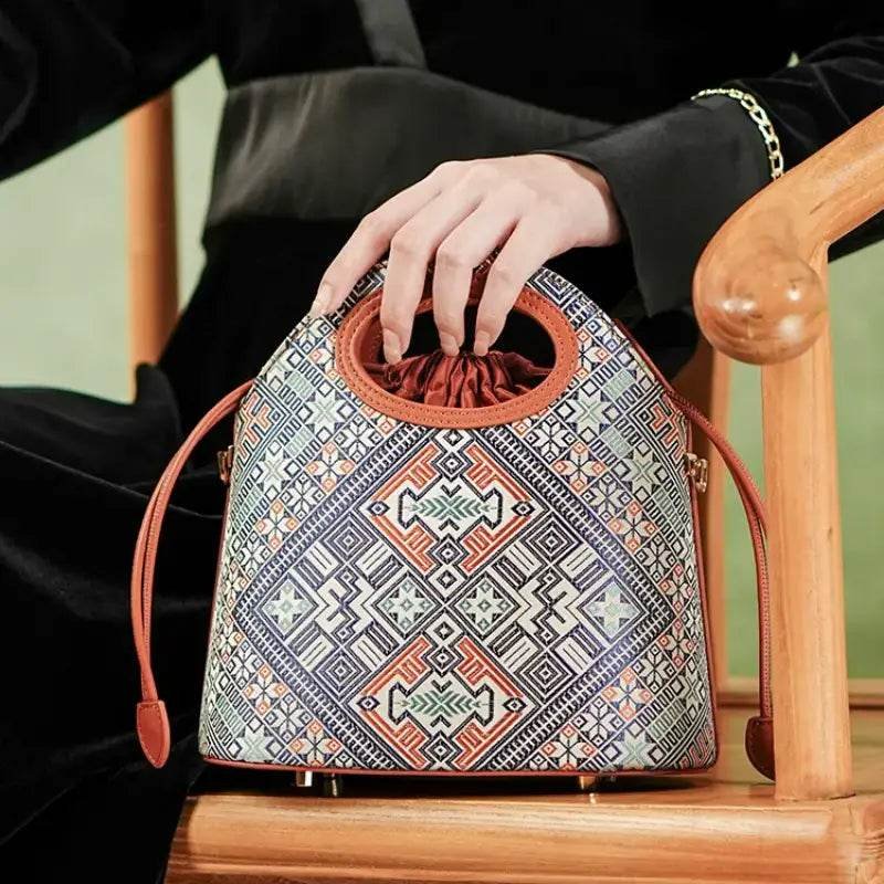 Zhuang Brocade Vintage Drawstring Bucket Bag - Image 3